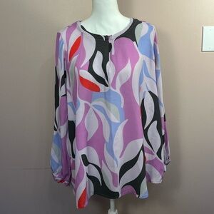 Ulla Popken Pink, Gray and Red Abstract Blouse